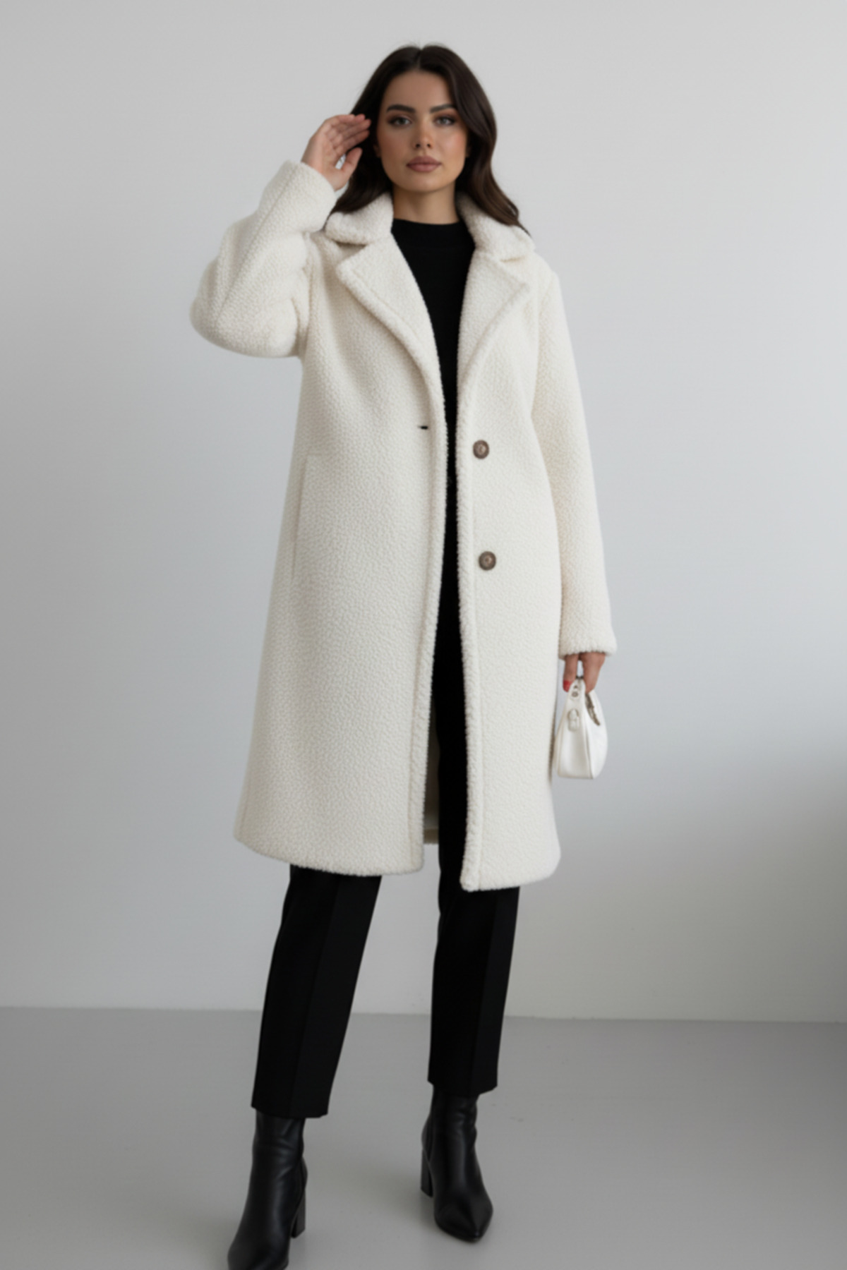 ALFUDO Moda Collection  Kadın Astarlı Ceplı Peluş Kışlık Ekru Kaban - Görsel 3