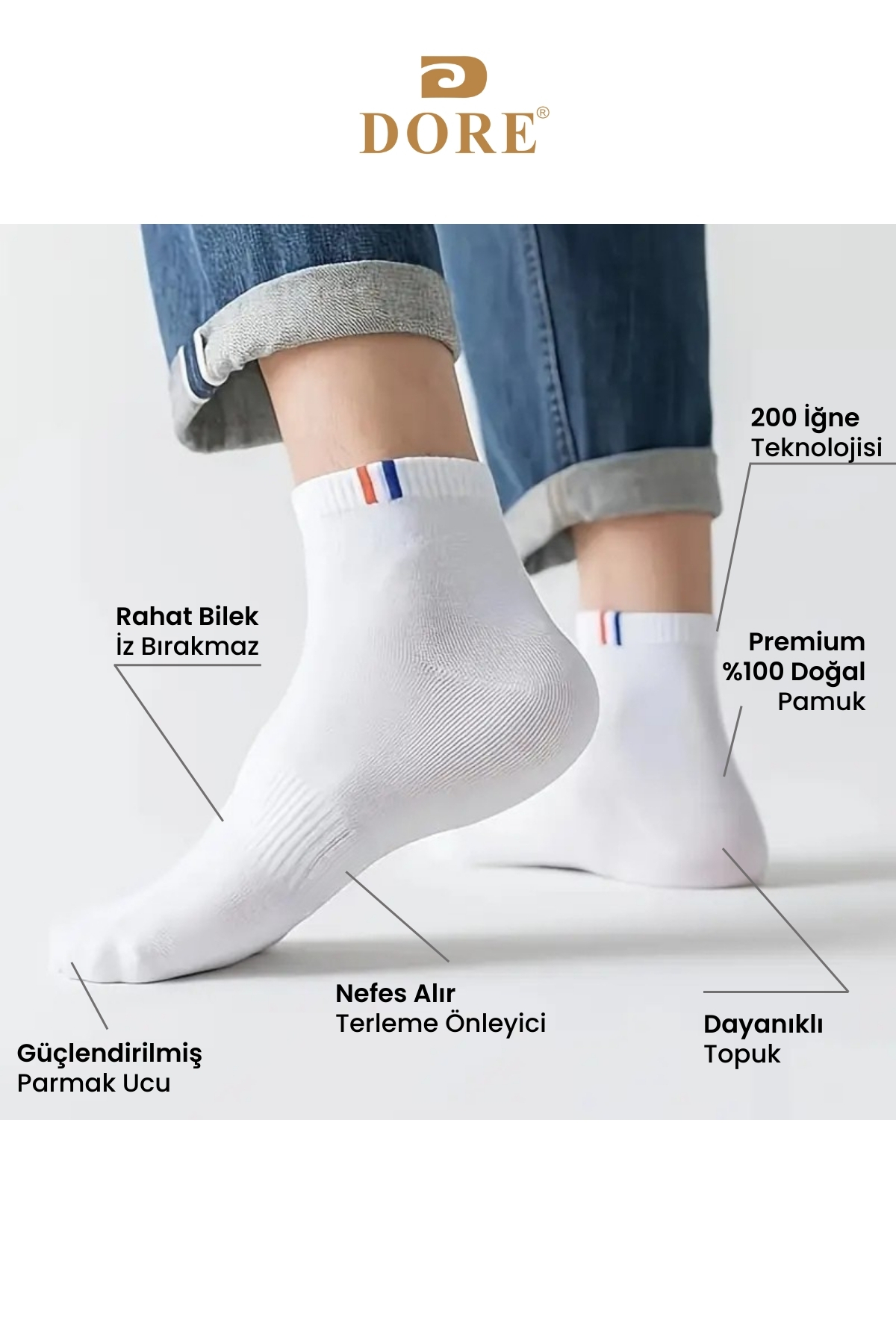 Dore Orijinal Unisex 3 Çift Premium Sport Özel Koleksiyon Pamuklu 4 Mevsim Esnek Konfor Modeli Ter Emici Nefes Alan Cilt Dostu Günlük Spor Ayakkabı Sneaker Bilek Boy Kısa Patik Çorap - 3 Çift Beyaz görsel 2