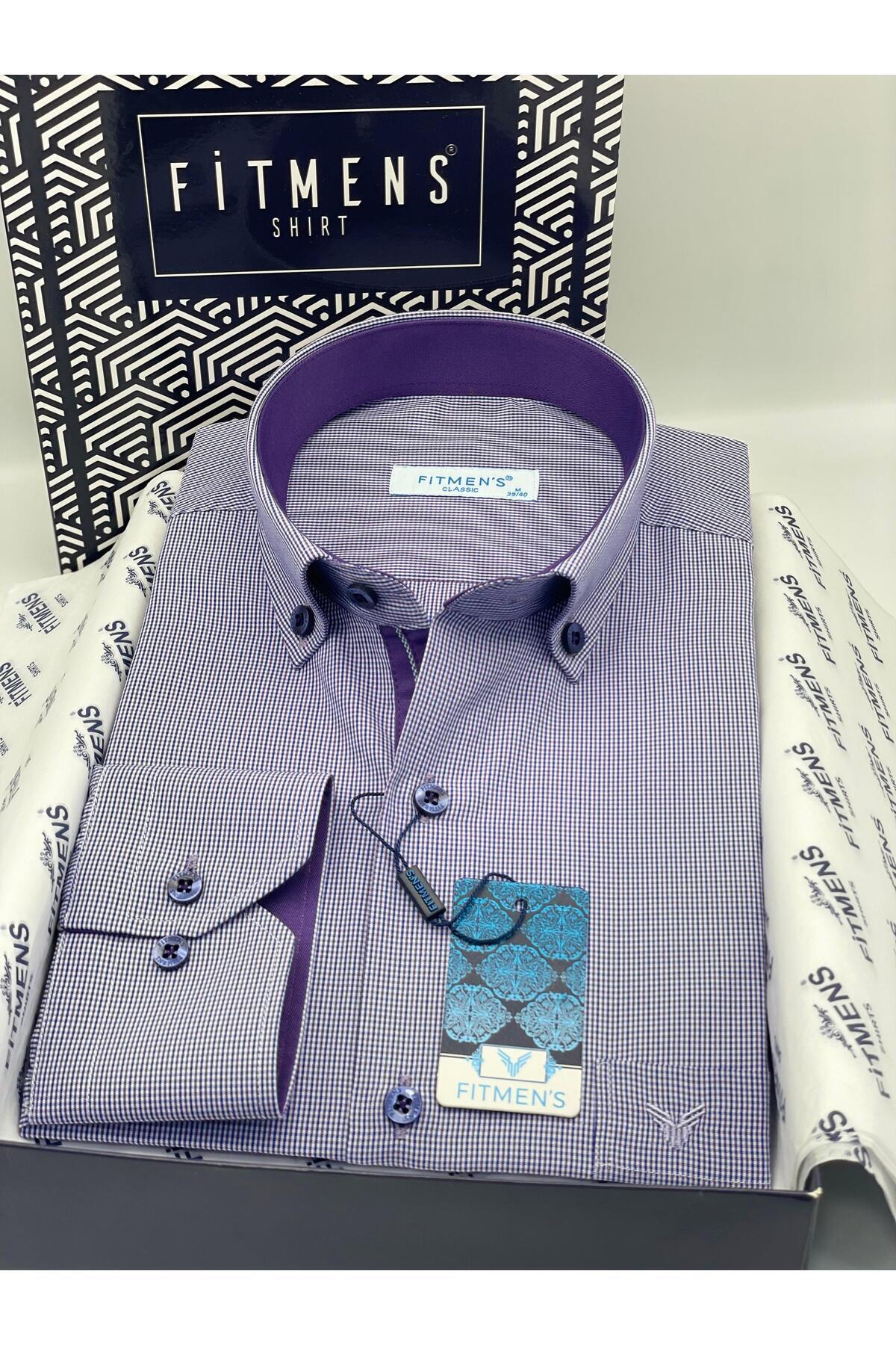 Classic Long Sleeve Plush Checkered Neck Buttoned Gift Boxed Men's Shirt FS-002273-Purple