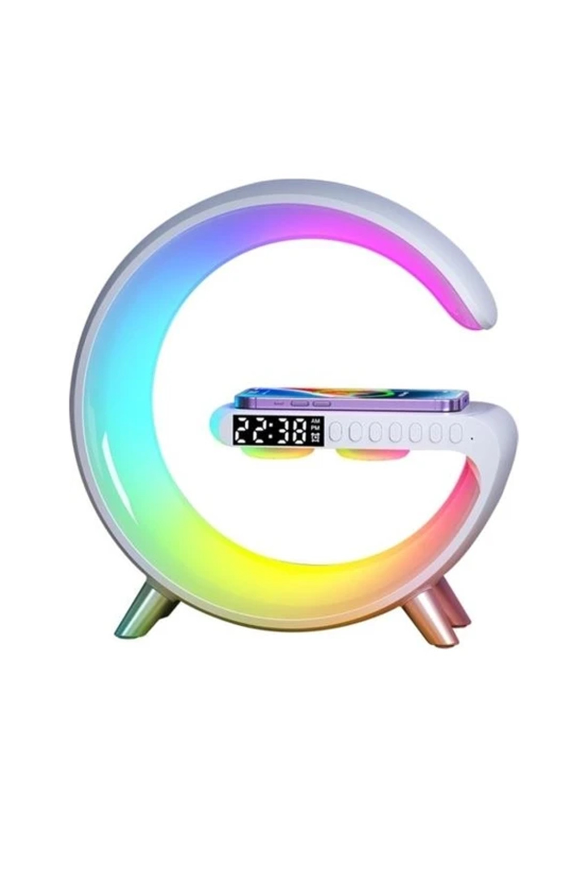 Resim ArtworkAnatolia Sr-s10 Kablosuz Şarj Standı Rgb Ledli Dijital Saatli Alarmlı Radyolu Bluetooth Hoparlör 