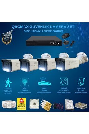 qromax 4 Kameralı Set - Yapay Zeka Özellikli Gece Renkli Gösteren 1080p Güven...
