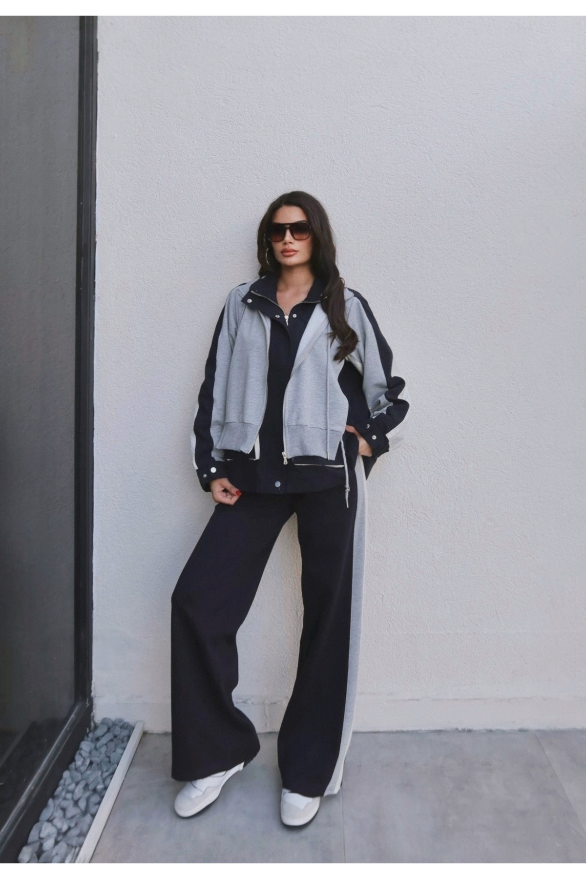 BRTC design Kadın Lacivert Gri Parçalı Kapüşon Detaylı Eşofman Takım