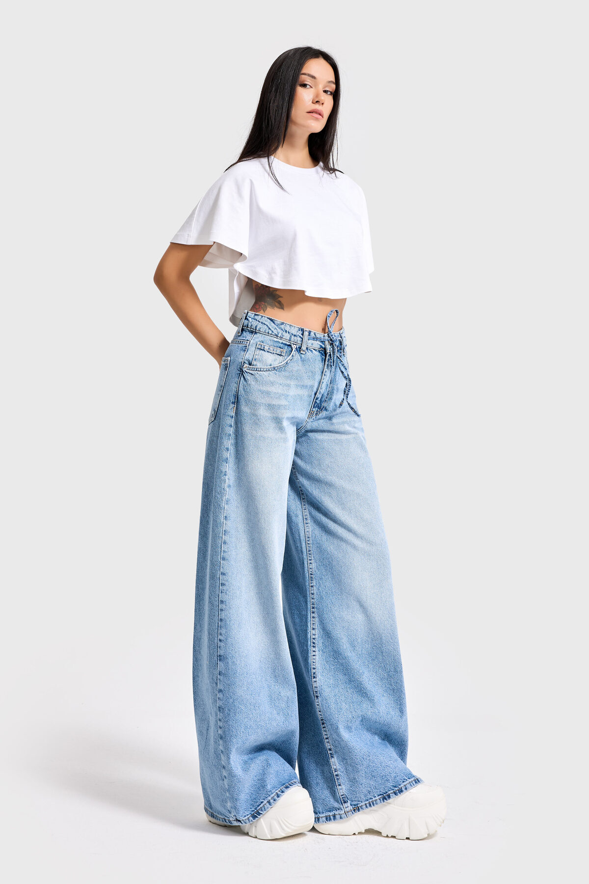 it's basic  Kadın Kot Rengi 4S527 Süper Palazzo Fit Bağcıklı %100 Koton Denim Jean - Görsel 3