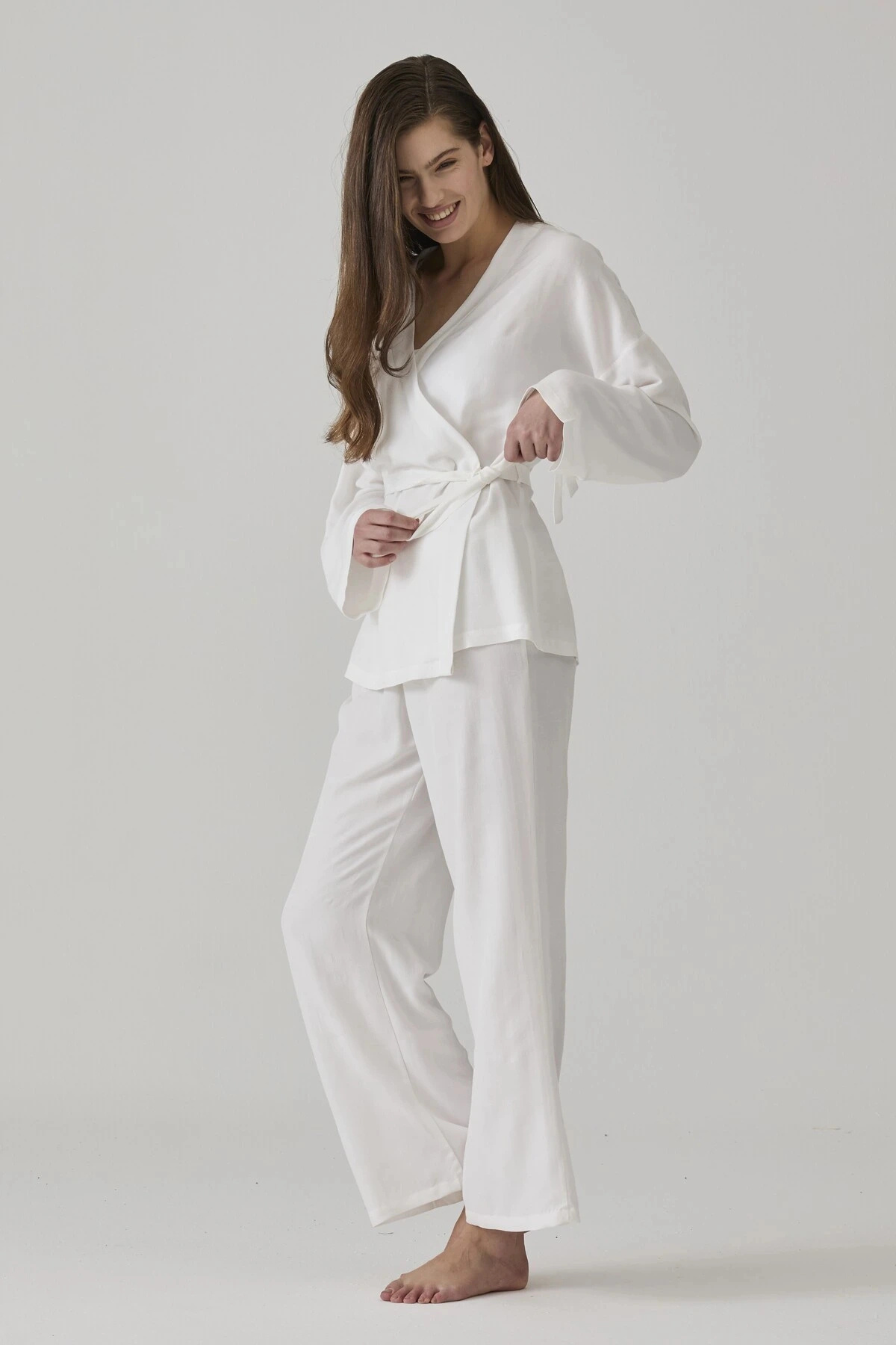 Pamuk Pamuk Women's Ecru Jacquard Kimono Collar Pjamas Suit