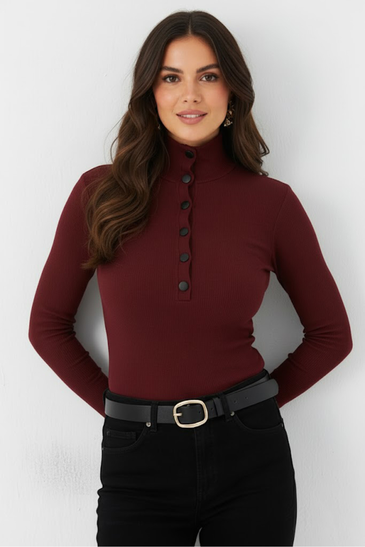 Sienza Women's Black Slim Fit Button Detailed High Neck Blouse