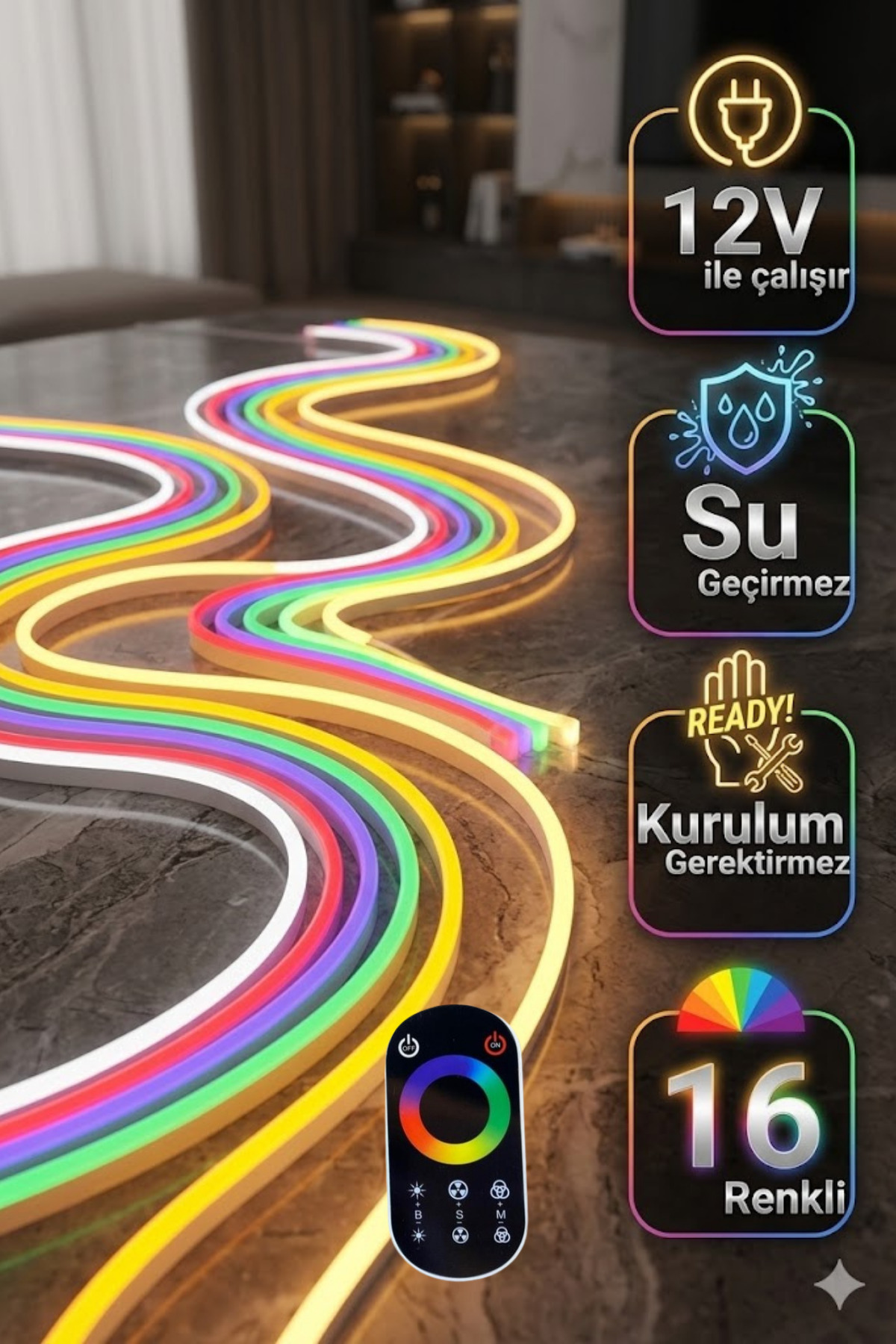 LED LEVEL 12V 25 metre RGB Neon Şerit Led 16 Renkli Rf Kumandalı