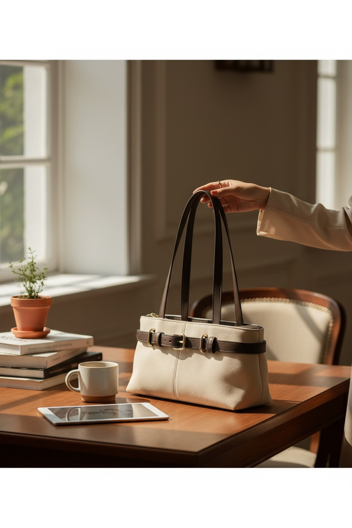 DEMESİ  Kadın Deri Kemer Detaylı Kremrengi Süet Lüx Omuz Çantası - Görsel 3