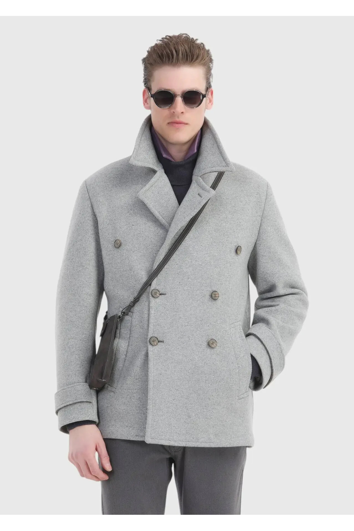 Ramsey  Gri Slim Fit Kruvaze Yaka Casual Örme Palto - Görsel 6