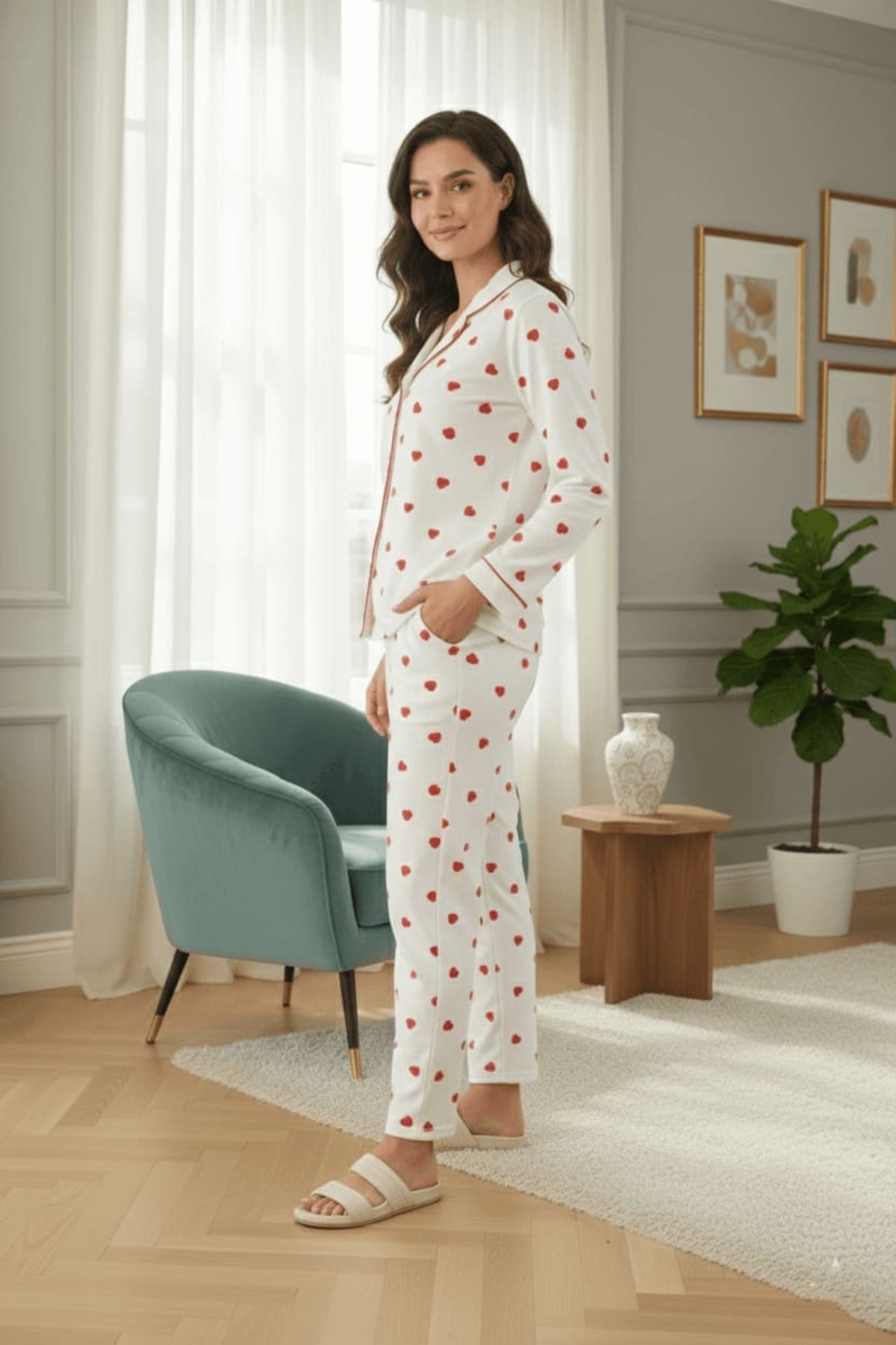 LİVE SPORT Anne-kız (KOMBİNİ KENDİNİZ YAPIYORSUNUZ) Kırmızı Kalp Desenli %100 Pamuk Örme Pijama Takımı fotoğrafı 7 (önizleme)