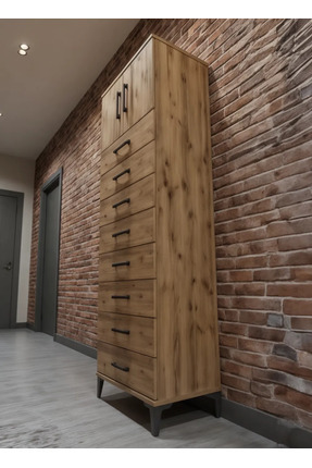 Dienni Hyperion Dolap Tek Raflı 8 Çekmeceli 2 Kapaklı 60x44x182 Çam-Çam