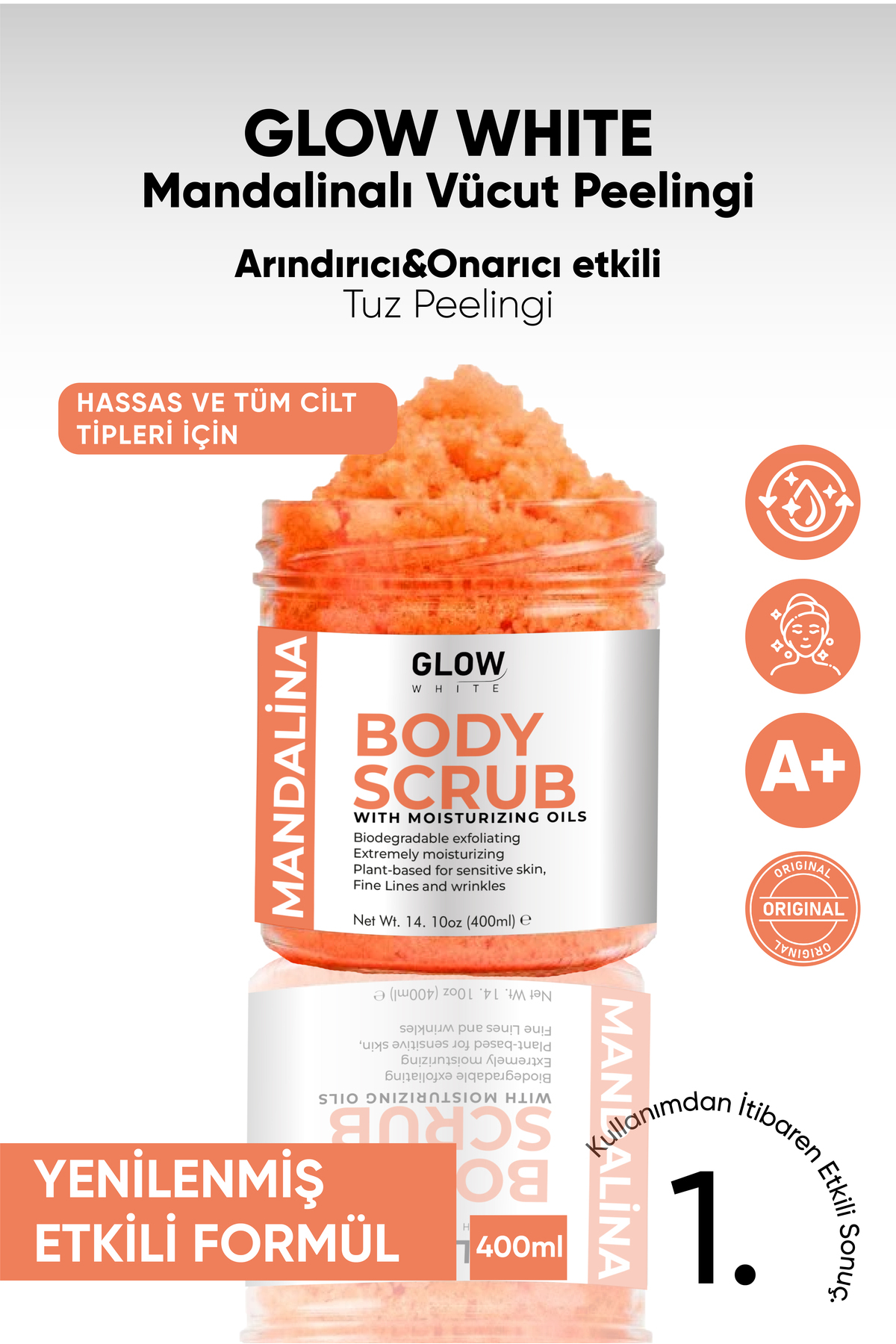 GLOW WHITE Mandalina Body Scrub 400g – Cildi Arındıran, Canlandırıcı ve Nemlendirici Tuzlu Vücut Peelingi — P-MANDALİNA-1