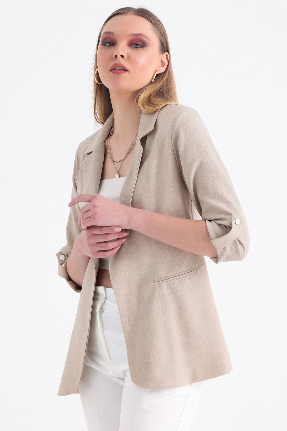MD trend  Kadın Kolu Katlanabilir Astarlı Kruvaze Blazer Keten Ceket - Görsel 3