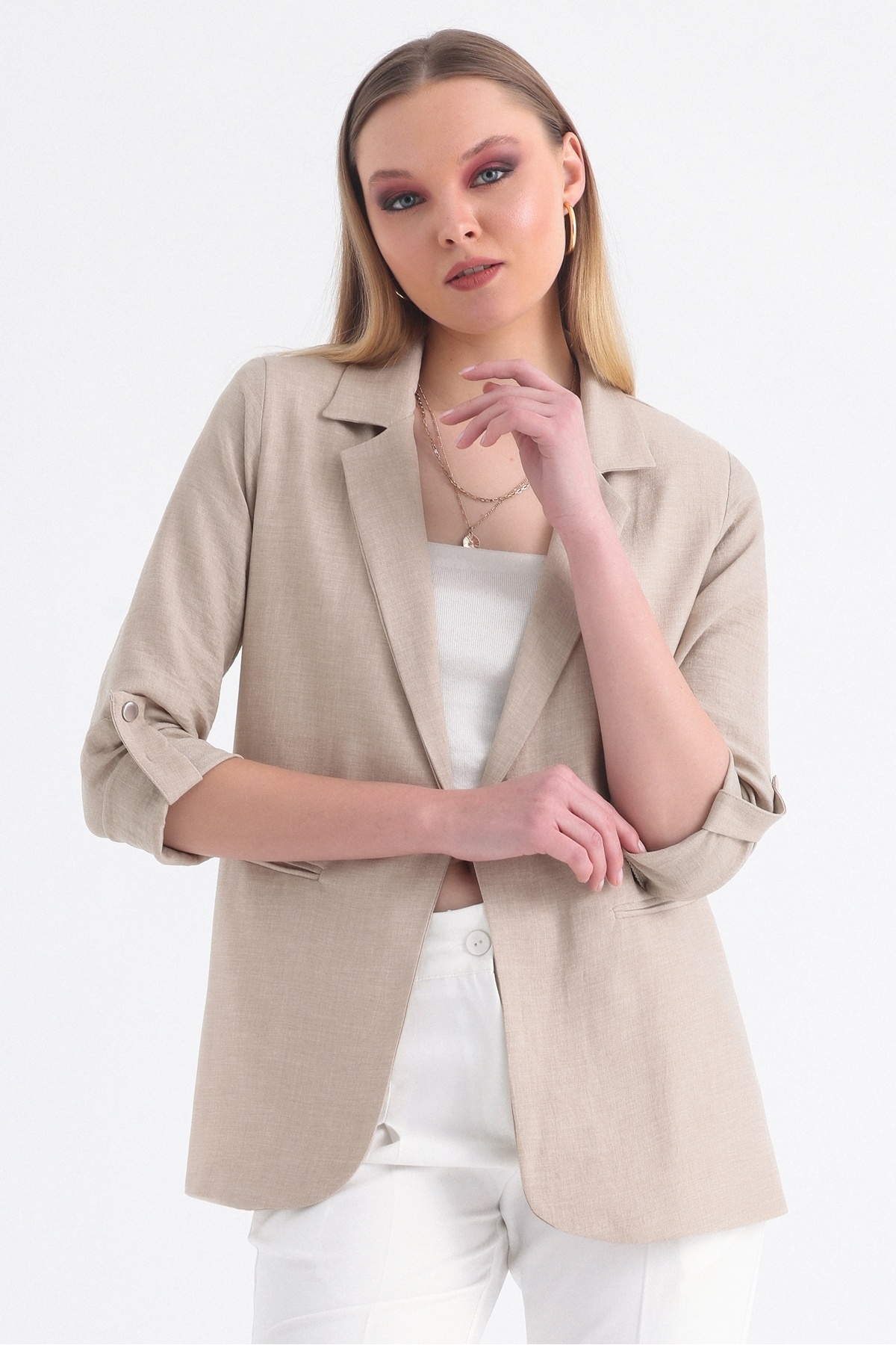 MD trend  Kadın Kolu Katlanabilir Astarlı Kruvaze Blazer Keten Ceket - Görsel 6