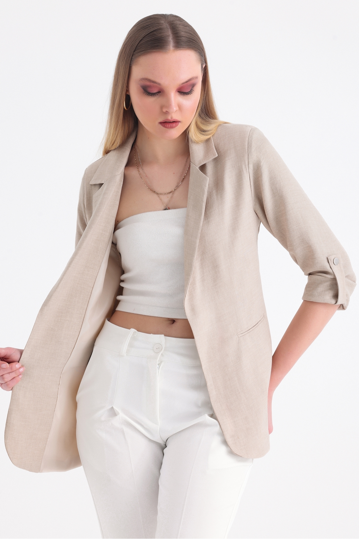 MD trend  Kadın Kolu Katlanabilir Astarlı Kruvaze Blazer Keten Ceket - Görsel 5
