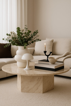 ERİZA Nova Yuvarlak Orta Sehpa, Ekru Ahşap Mermer Desenli