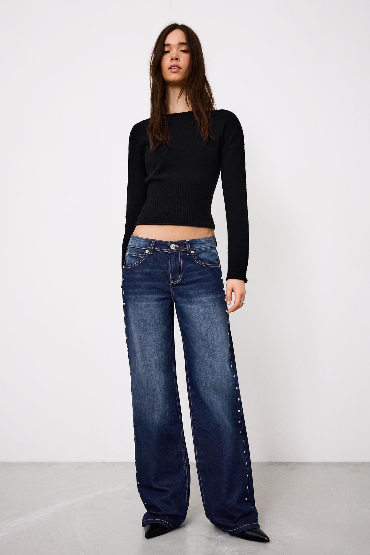 Bershka  Yıldız zımbalı düşük bel baggy fit jean - Görsel 3