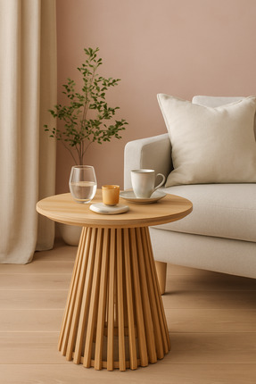 ERİZA Side, Yuvarlak Çıtalı Yan Servis Sehpası, Naturel, 50x48cm