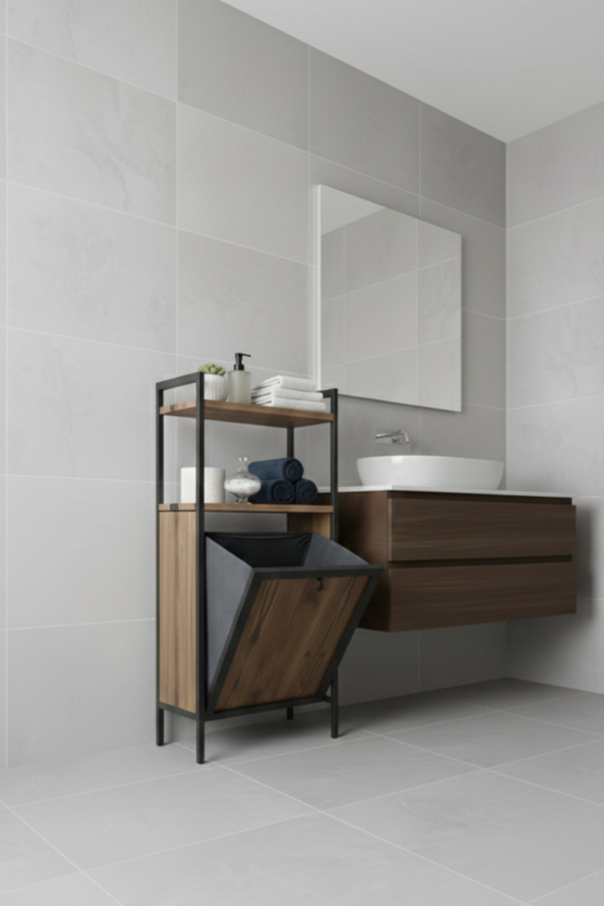 Metal Wood Bathroom Organizer Laundry Basket - Dirty Basket Wood Bathroom Cabinet - 2 Tier Bathroom Shelf