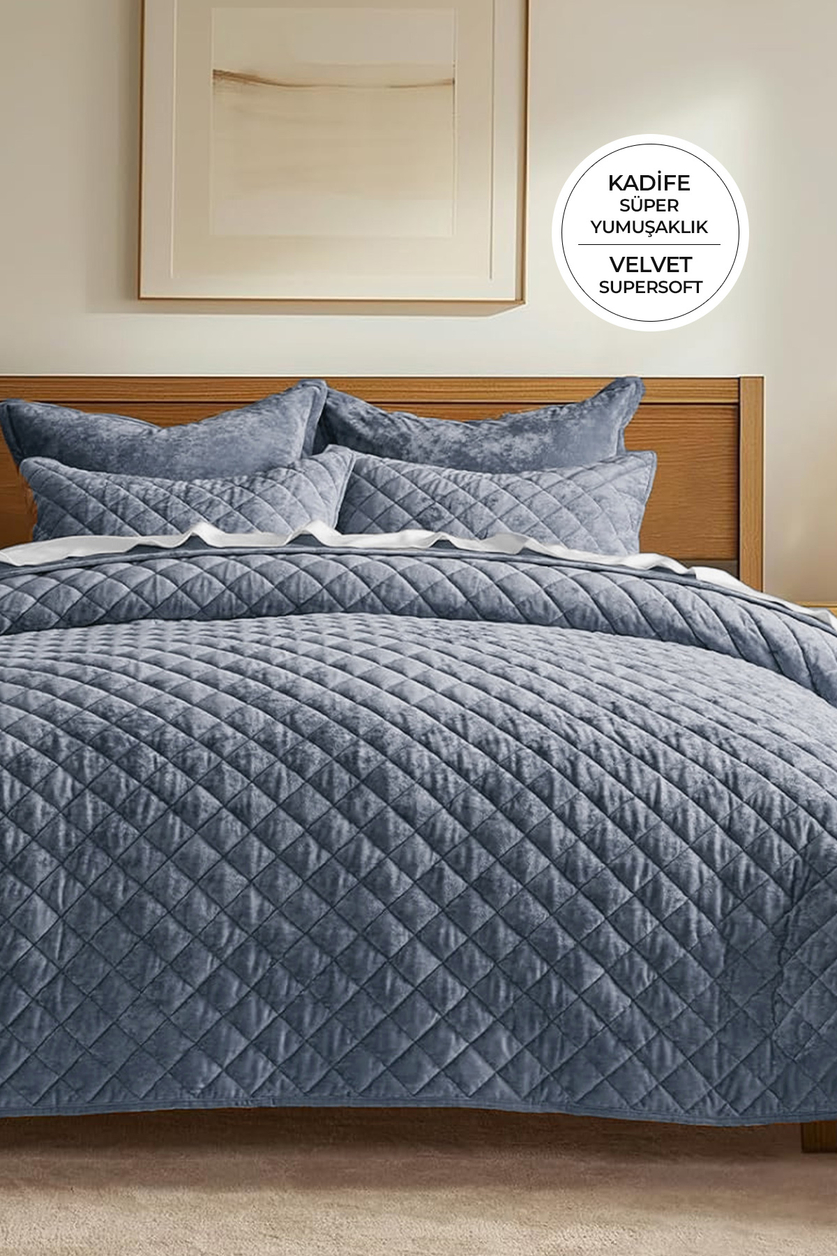 Quilted Velvet Bedspread Set Double Supersoft 3-Piece Dowry Set with Gray Soft Fiber Fill