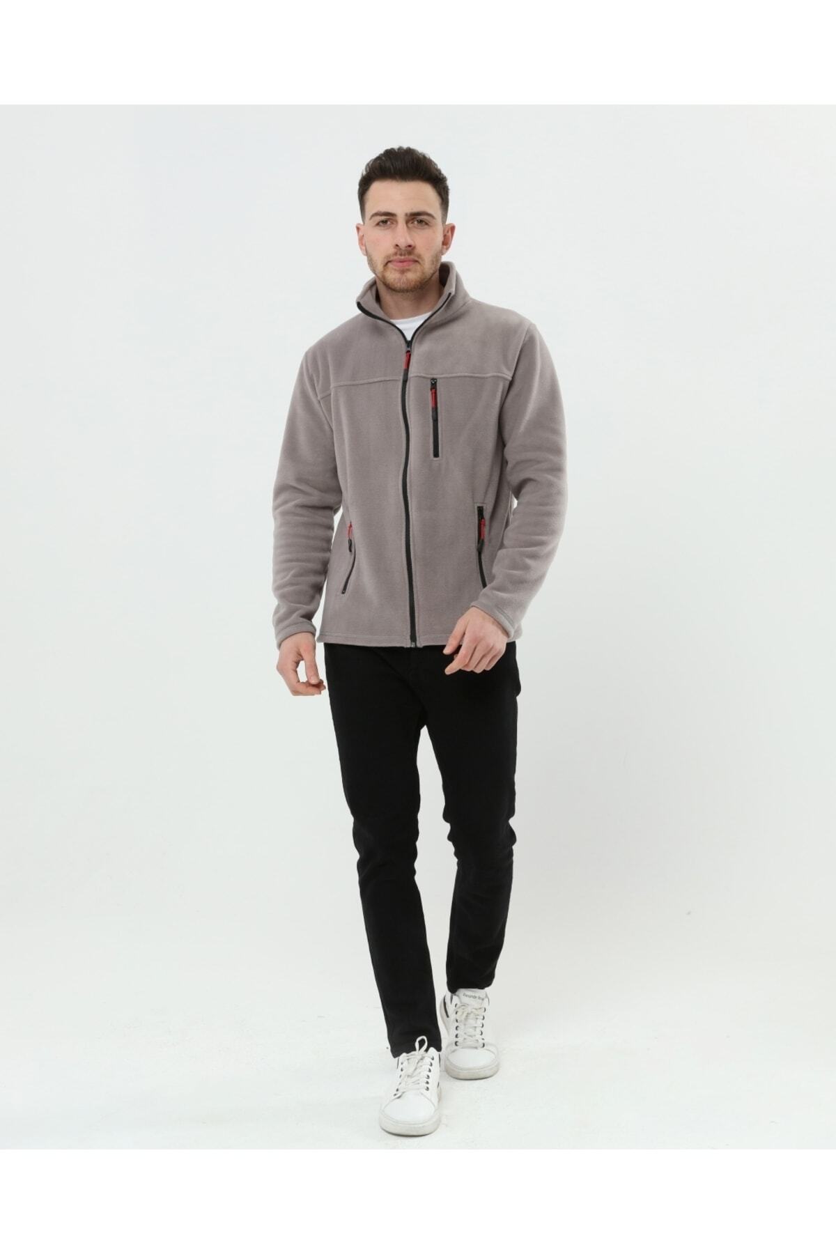 VEGA PORT Unisex Açık Gri Bato Yaka Tam Fermuarlı 3 Cepli Outdoor Polar Ceket görsel 3