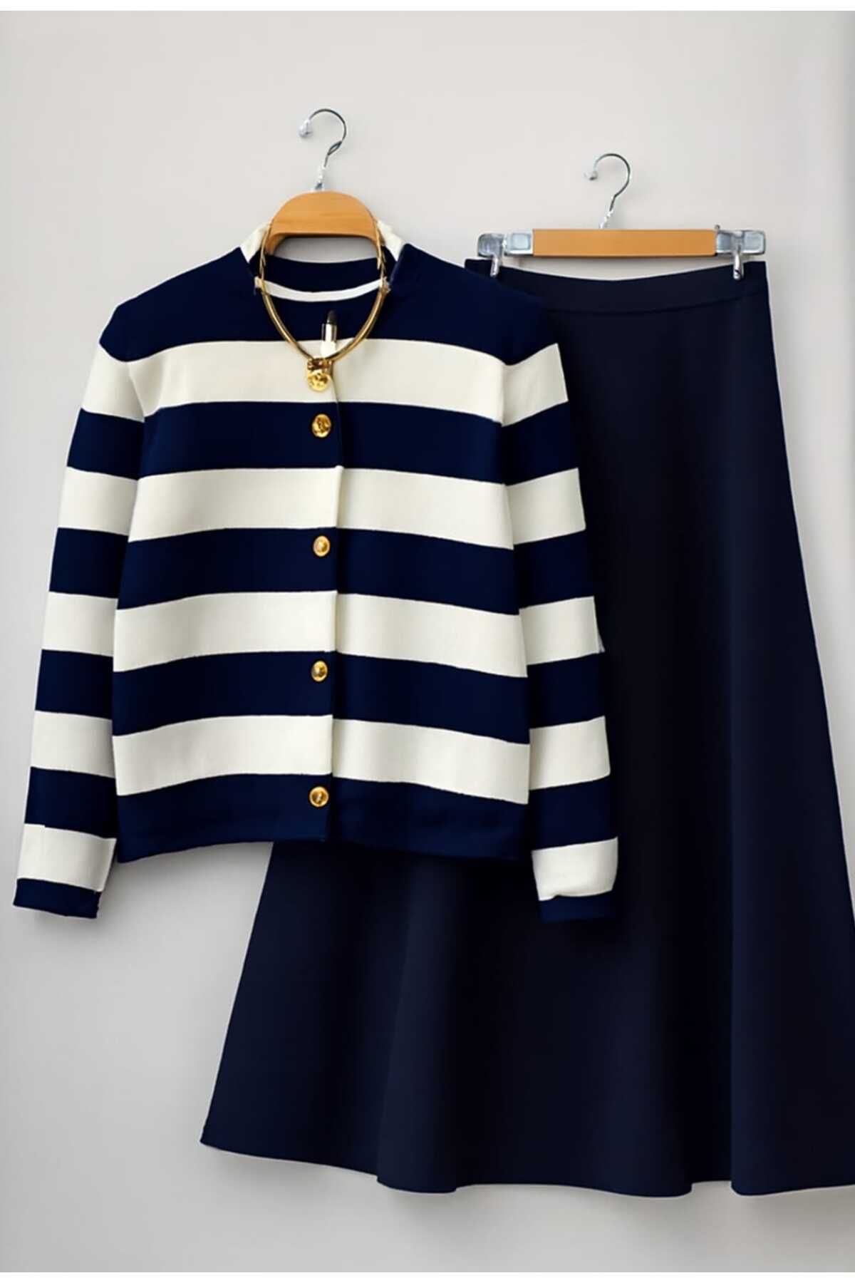 MODA VEDAT Kadın Triko  Çizgi Detaylı  Etekli Takım