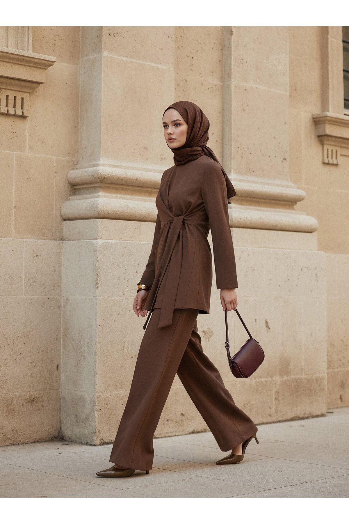 Refka Tunic&Pants Set with Tie Detail - Brown -