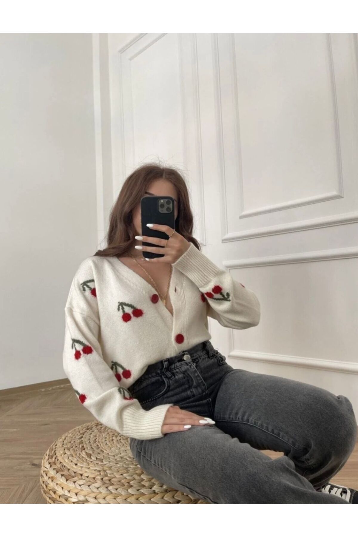 FLEX FASHION  Kadın TREND POPÜLER KİRAZ DETAYLI Ekru triko Hırka - Görsel 5