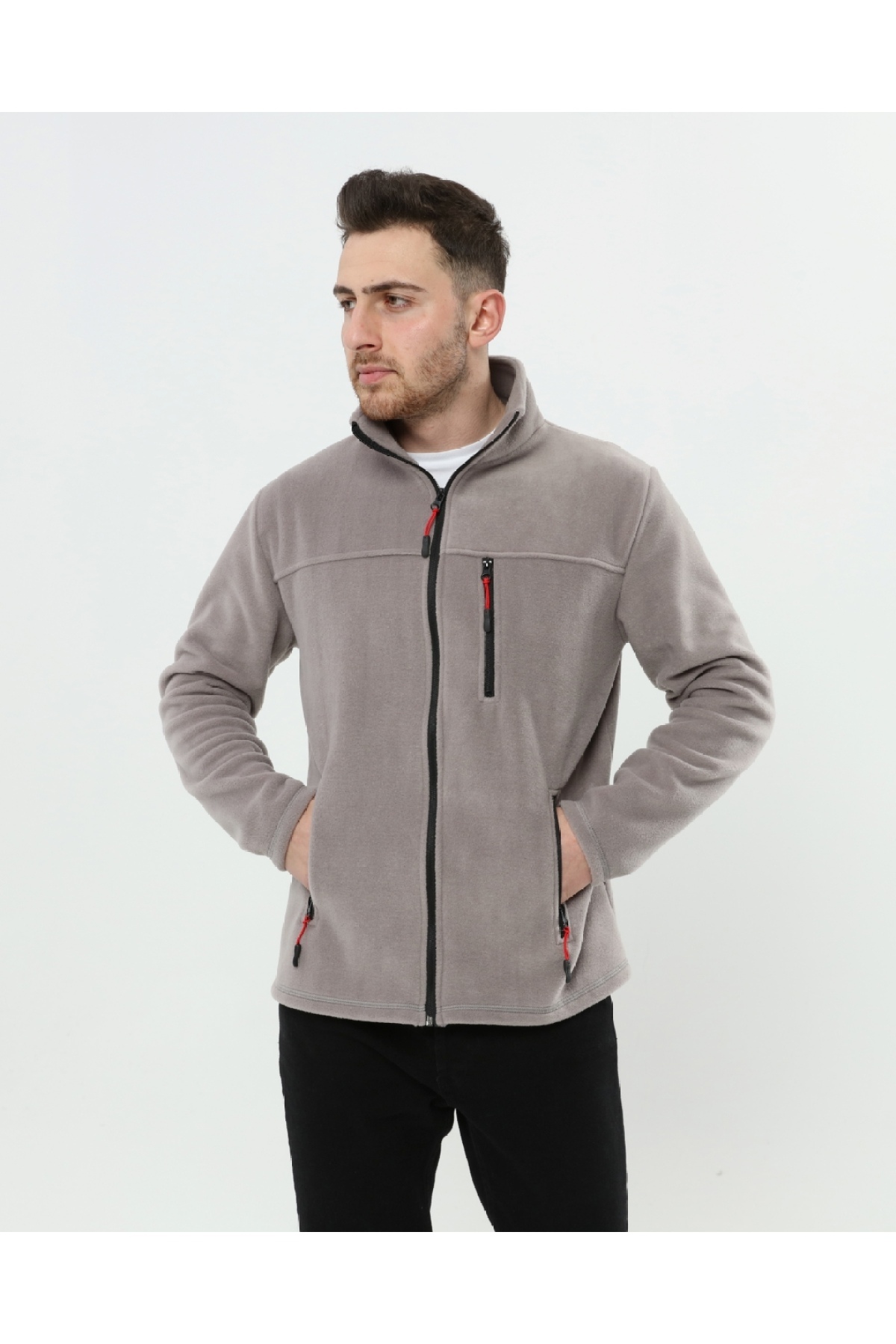 VEGA PORT Unisex Açık Gri Bato Yaka Tam Fermuarlı 3 Cepli Outdoor Polar Ceket