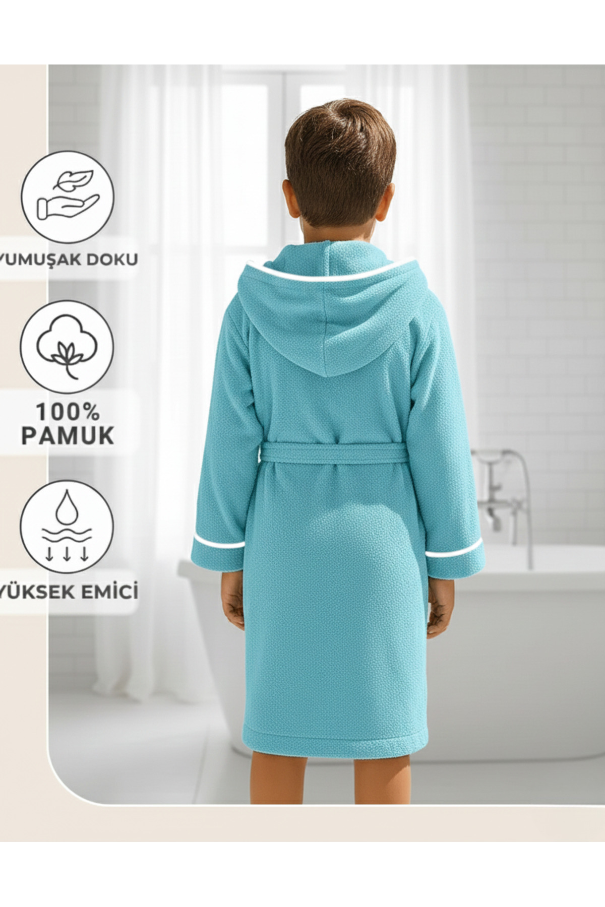 Layvera Kız-Erkek Çocuk Bornozu %100 Pamuk | Kapüşonlu – Cepli – Yumuşak – Biyeli – Turkuaz fotoğrafı 5 (önizleme)