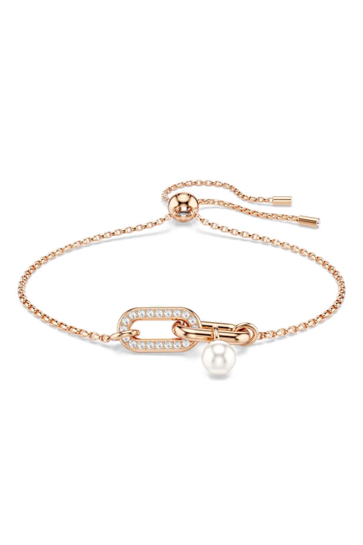 Constella Bracelet, Crystal pearl, Round cut, White, 18k pink gold surface