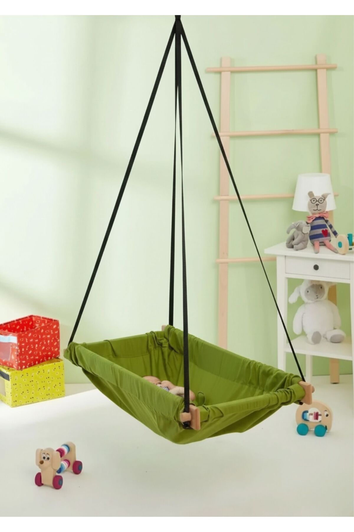Svava Ahşap Yaylı Zıpzıp Hamak Beşik Hoppala Tavana Asılan Hamak Salıncak Bebek Yatağı (YEŞİL) fotoğrafı 2 (önizleme)