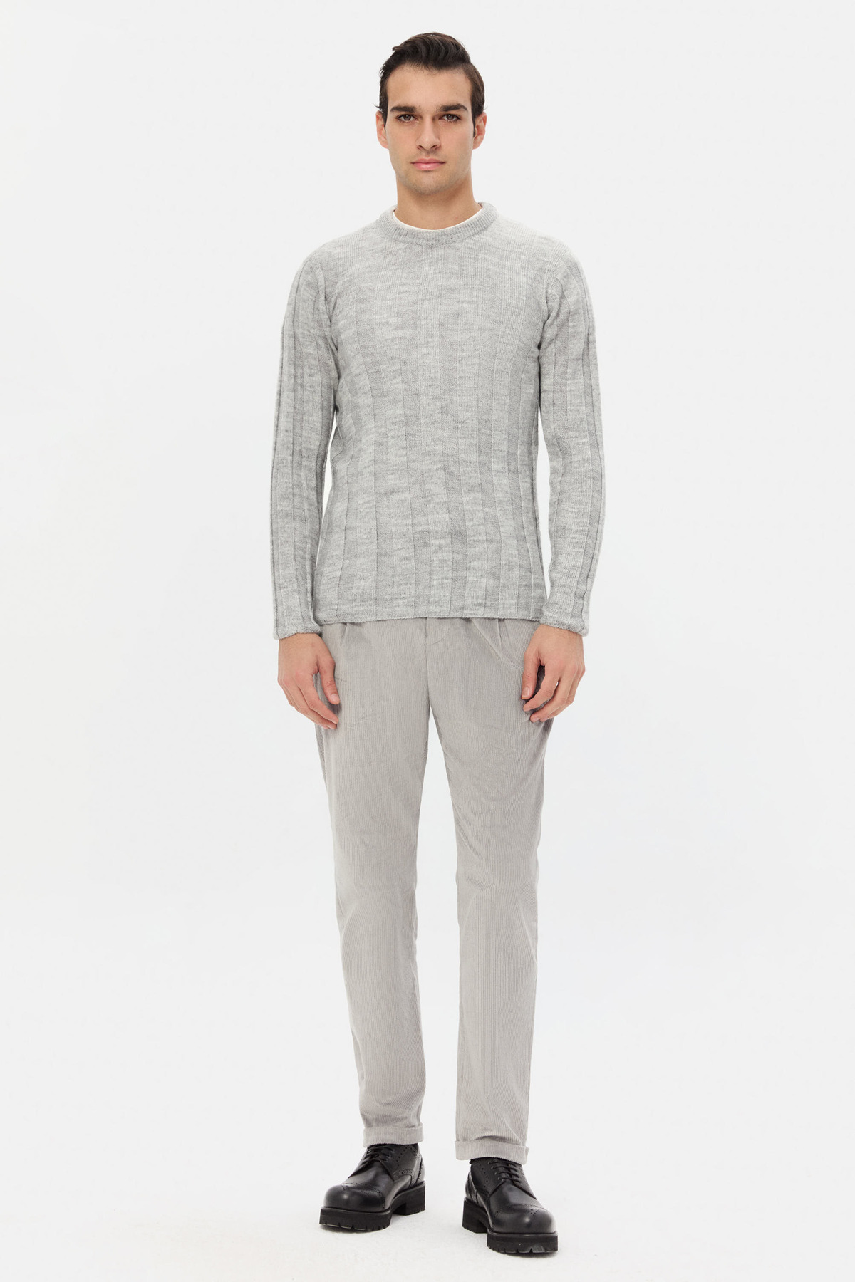 Slim Fit Gri Rib Örgü Kazak — خاکستری 3EC063302441M — تصویر 4 از 5
