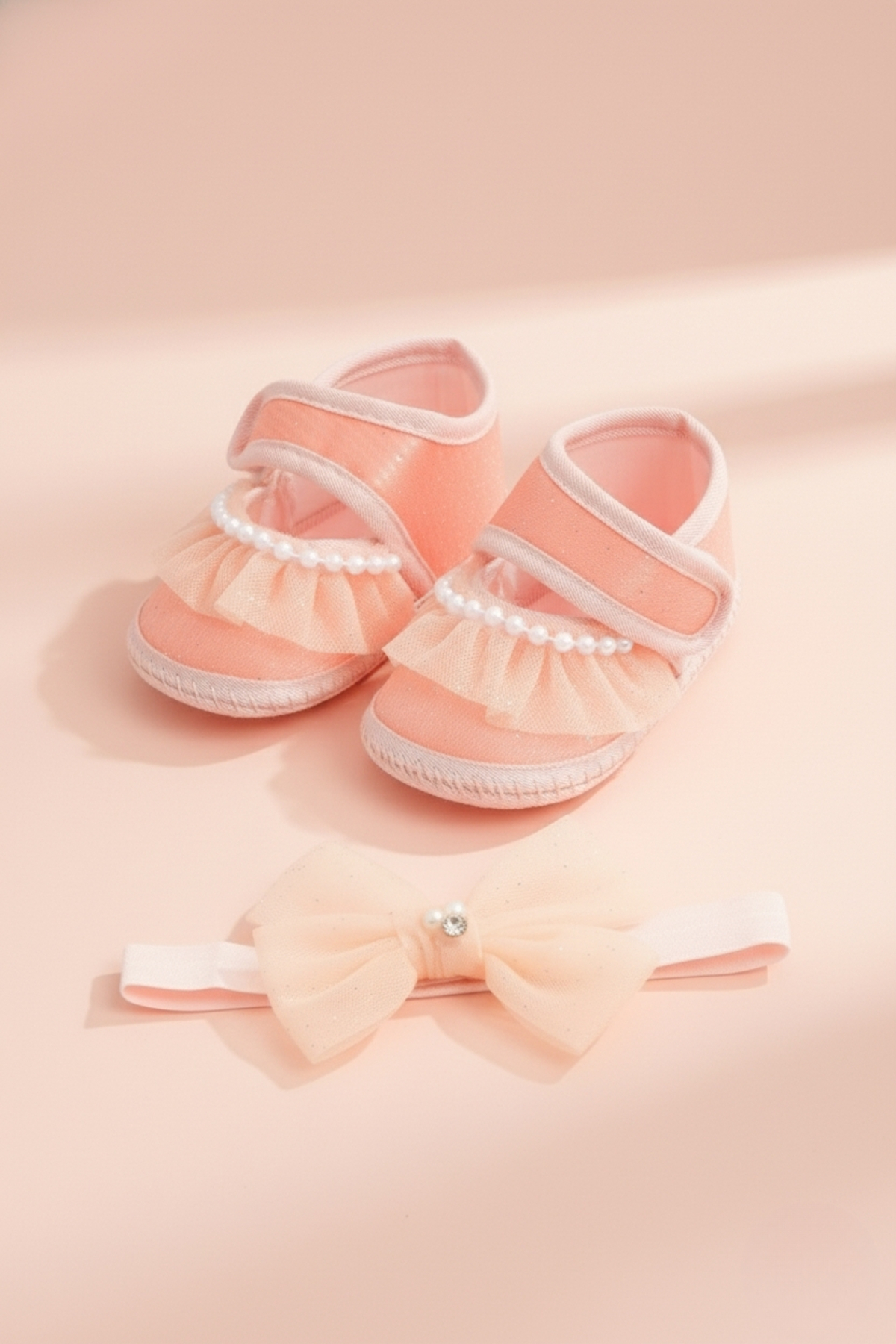 LOGO AKSESUAR 0-3 Ay Yeni Doğan Simli Dantel Somon Bebek Bandana Patik Seti fotoğrafı 2 (önizleme)