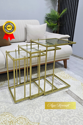 AGA KONSEPT 3'lü GOLD Tekerlekli C Sehpa, ŞEFFAF CAM, Güvenilir 6 mm Kalın Ca...