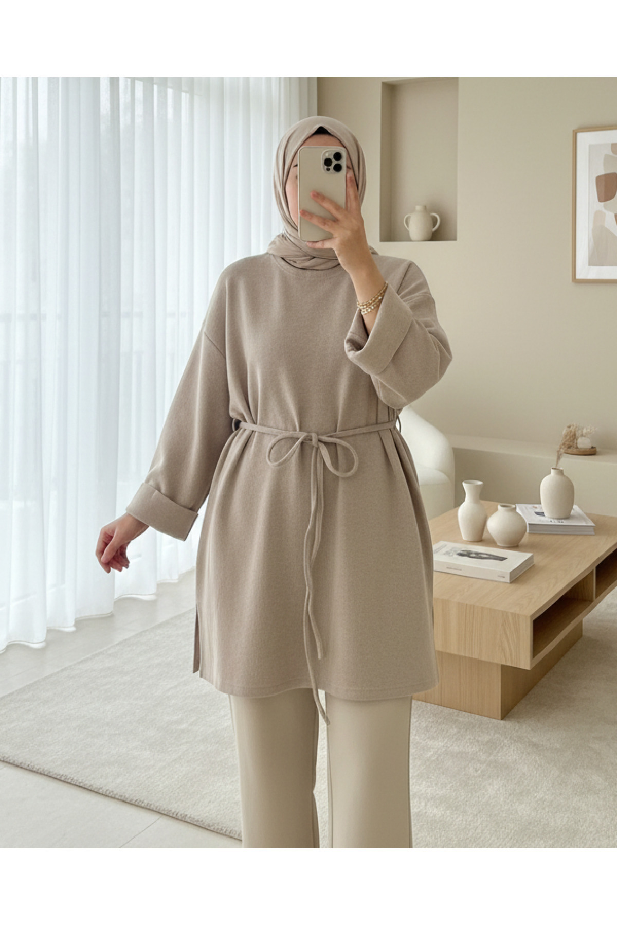 Modamorfo Kolu Katlı Beli Bağlamalı Yırtmaçlı Kaşkorse Tunik-Taş