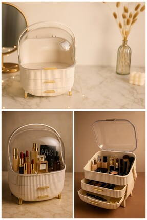 MAKRİ HOME Krem Renk Kapaklı Makyaj Organizeri–3 Katlı, Şeffaf Kubbeli, Çekme...