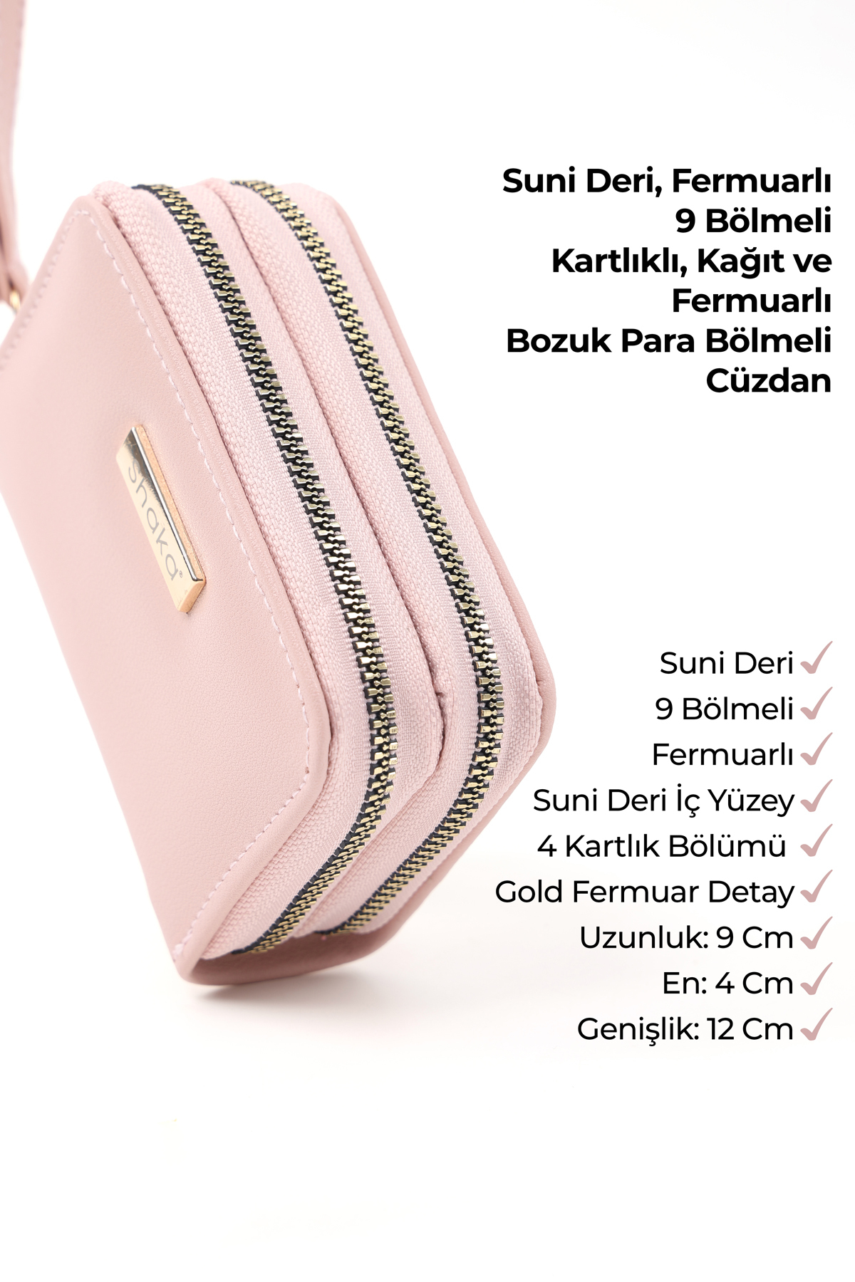 SHAKA Pudra Shk266 Suni Deri 9 Bölmeli, Fermuarlı, Kartlık ve Bozuk Para Bölmeli Cüzdan görsel 7