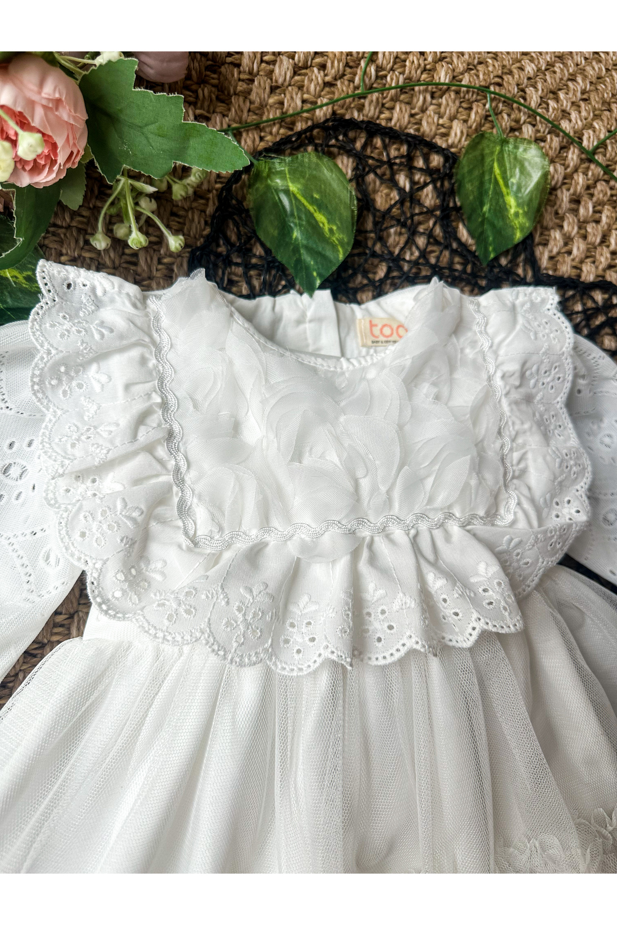 aysskids ASTER Beyaz Uzun Kollu Dantel Detaylı Etekli Kız Çocuk Bebek Özel Gün Bayramlık Elbise fotoğrafı 4 (önizleme)