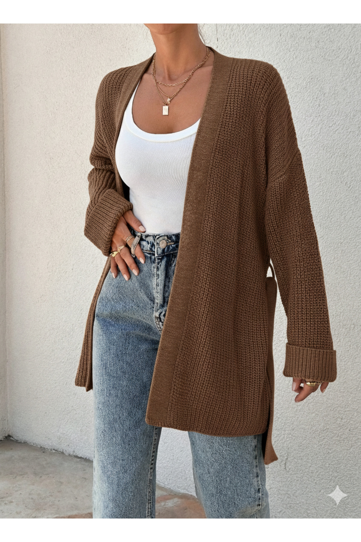 Sea Style  Kalın Örgü Kuşaklı Triko Hırka (Kemer Tokaları Rengi Farklılık Gösterebilir) - Görsel 3