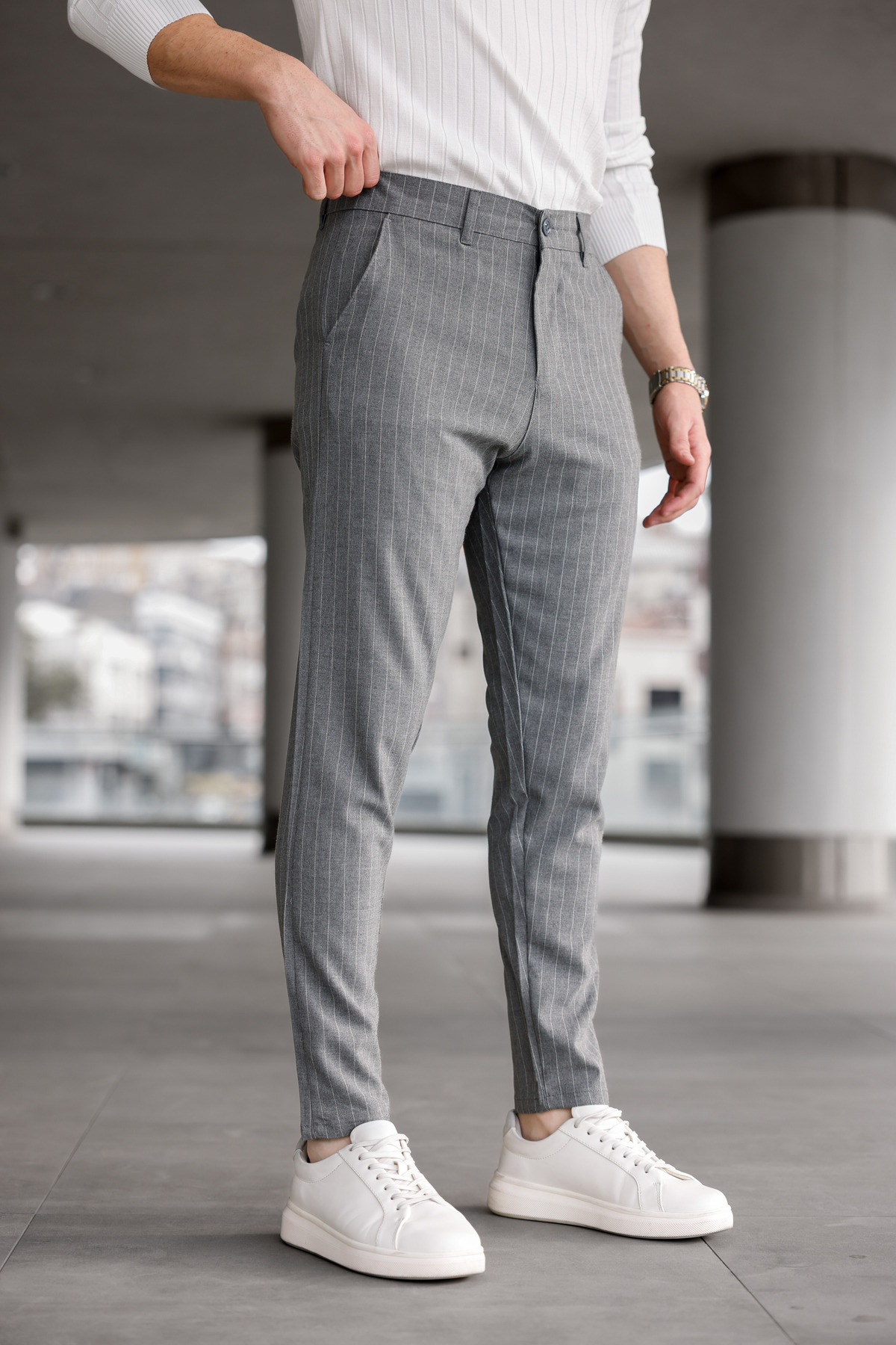 Erkek Füme Kumaş Pantolon Slim Fit Likralı Dar Paça Beş Cep Çizgili — خاکستری SJ-173 — تصویر 4 از 6