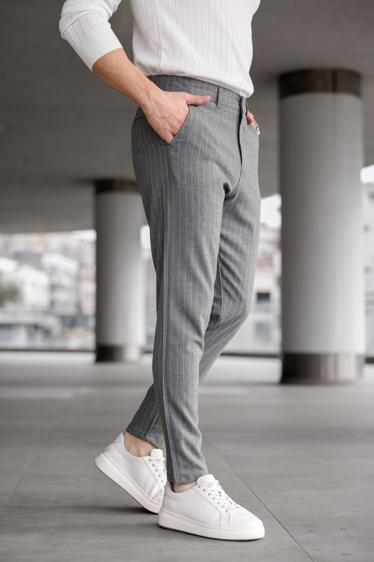 Erkek Füme Kumaş Pantolon Slim Fit Likralı Dar Paça Beş Cep Çizgili — خاکستری SJ-173 — تصویر 3 از 6