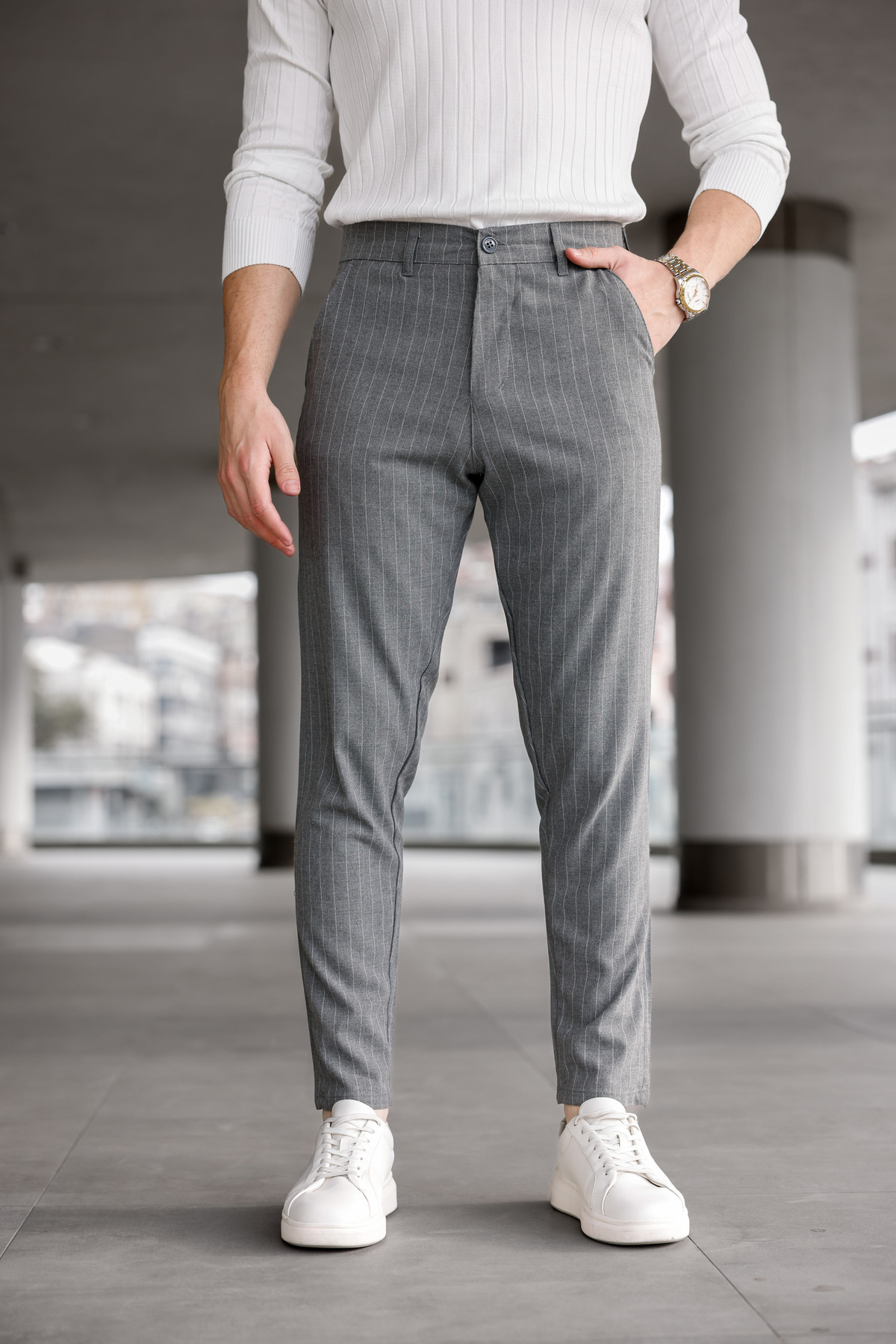 Erkek Füme Kumaş Pantolon Slim Fit Likralı Dar Paça Beş Cep Çizgili — خاکستری SJ-173 — تصویر 2 از 6