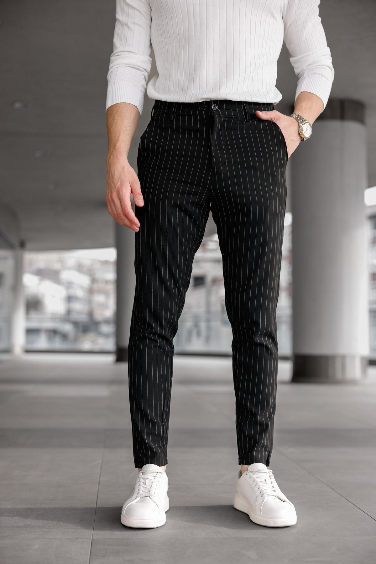 Ser Joven Erkek Siyah Slim Fit Çizgili Kumaş Pantolon görsel 3
