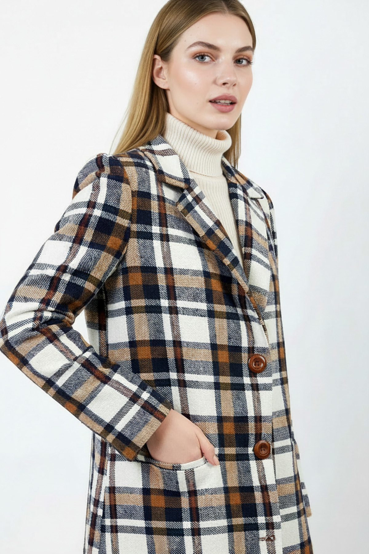 Volanlı  Ekose Desenli Palto - Görsel 3