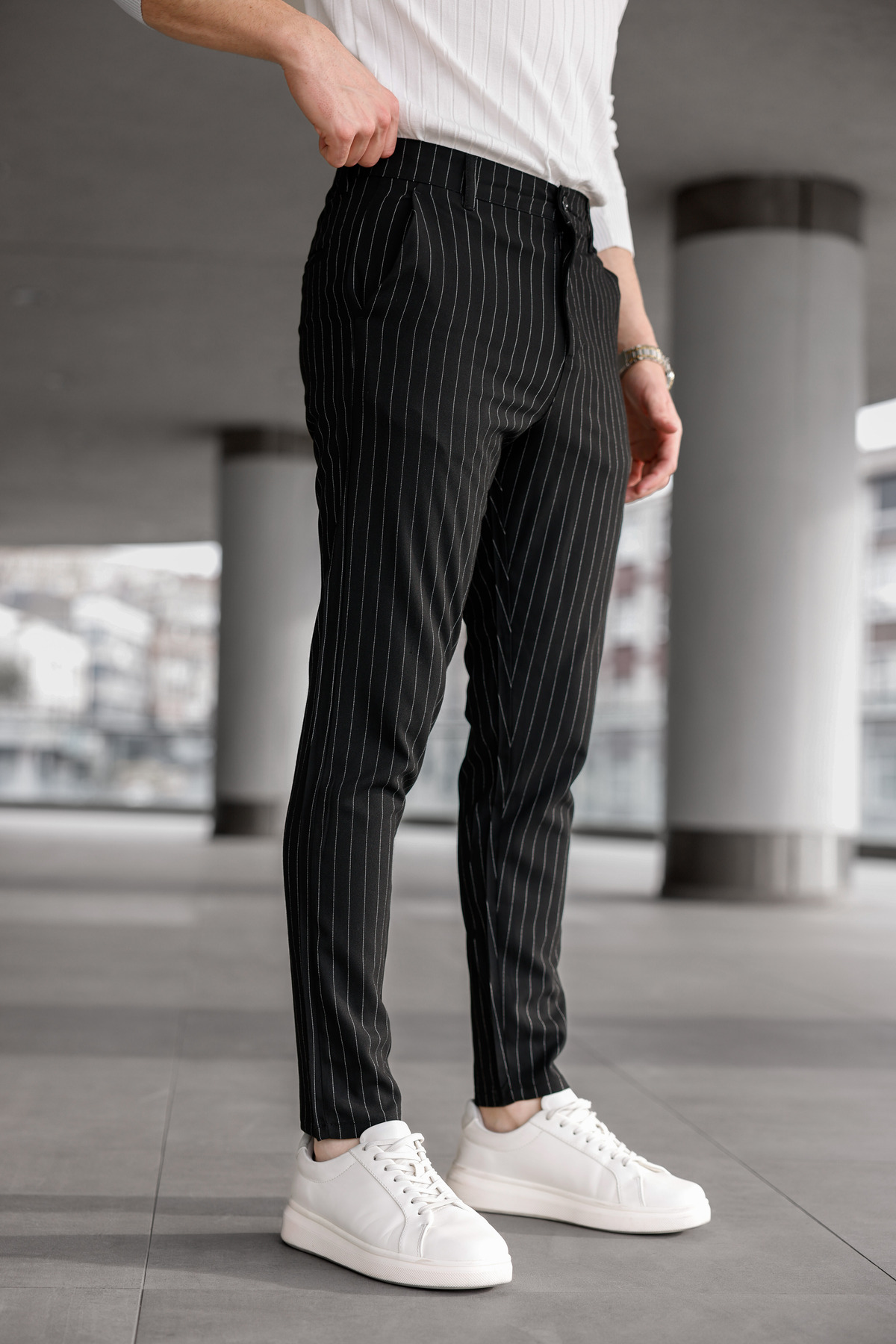 Ser Joven Erkek Siyah Slim Fit Çizgili Kumaş Pantolon görsel 5
