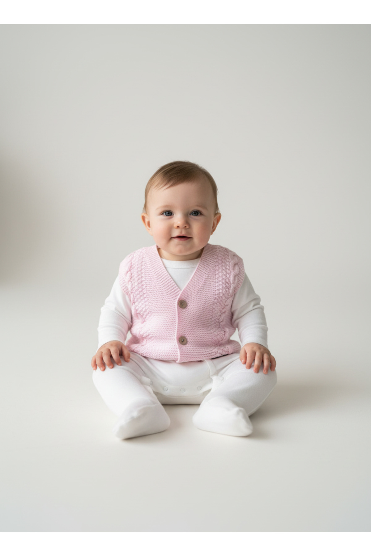 Bebemio Boutique Örgü kız Bebek Yeleği 2'li Düğme Detaylı Triko Kumaş fotoğrafı 7 (önizleme)