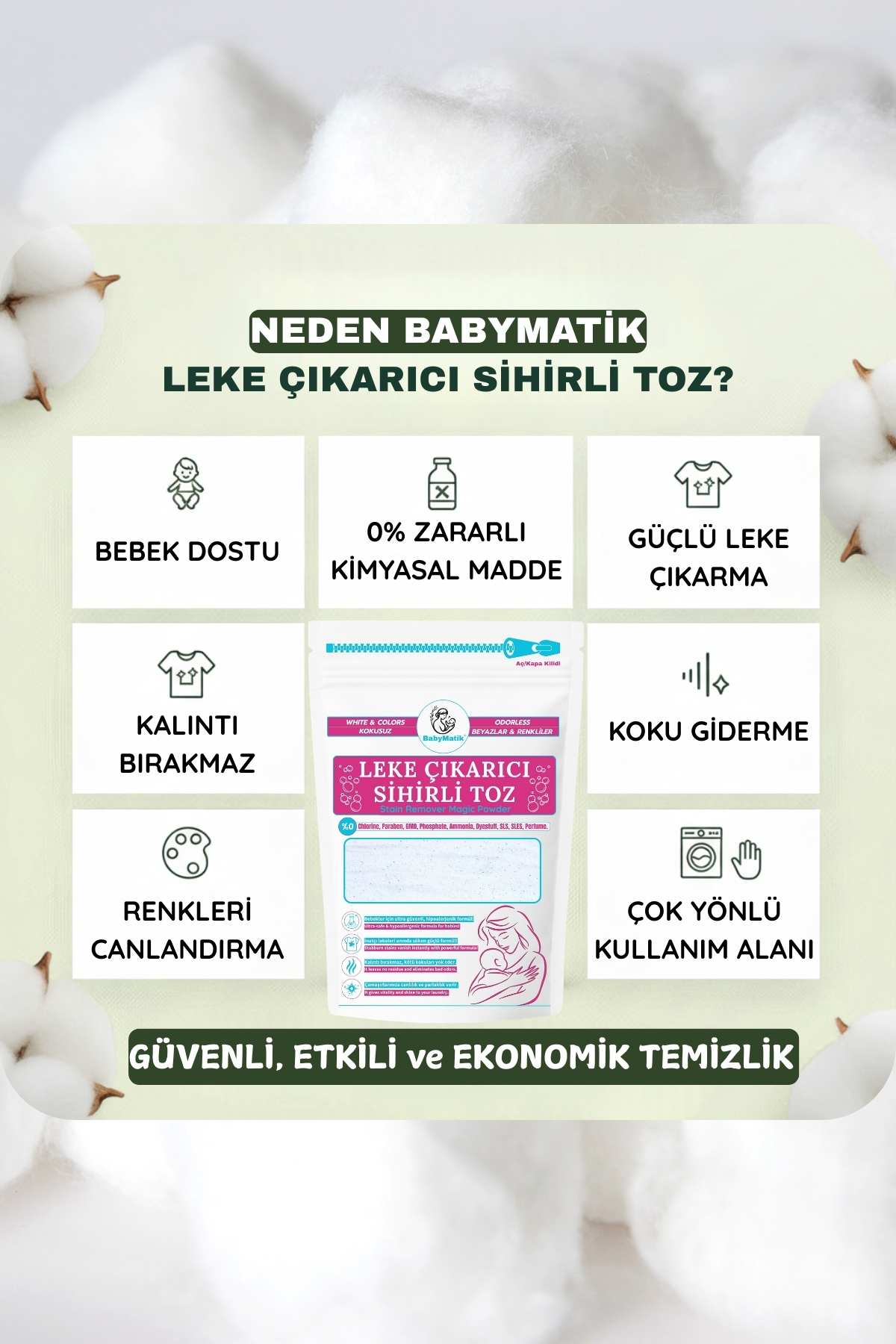 BabyMatik Çamaşır Leke Çıkarıcı Kokusuz Toz Deterjan ve Çok Amaçlı Leke Çıkarıcı Sprey, 2'li Magic Set fotoğrafı 7 (önizleme)