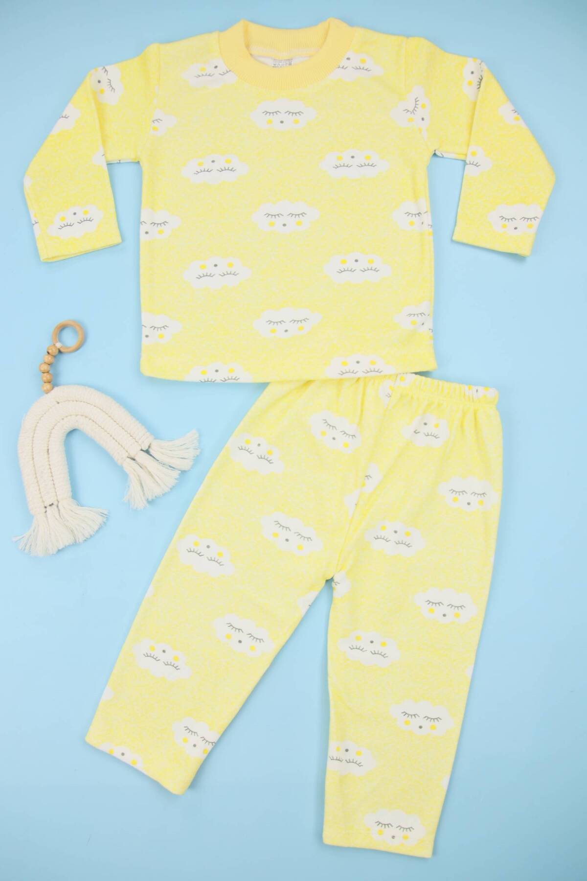 Lindakids Bulut Desenli Pamuklu Sarı Alt Üst Bebek Pijama Takımı fotoğrafı 2 (önizleme)