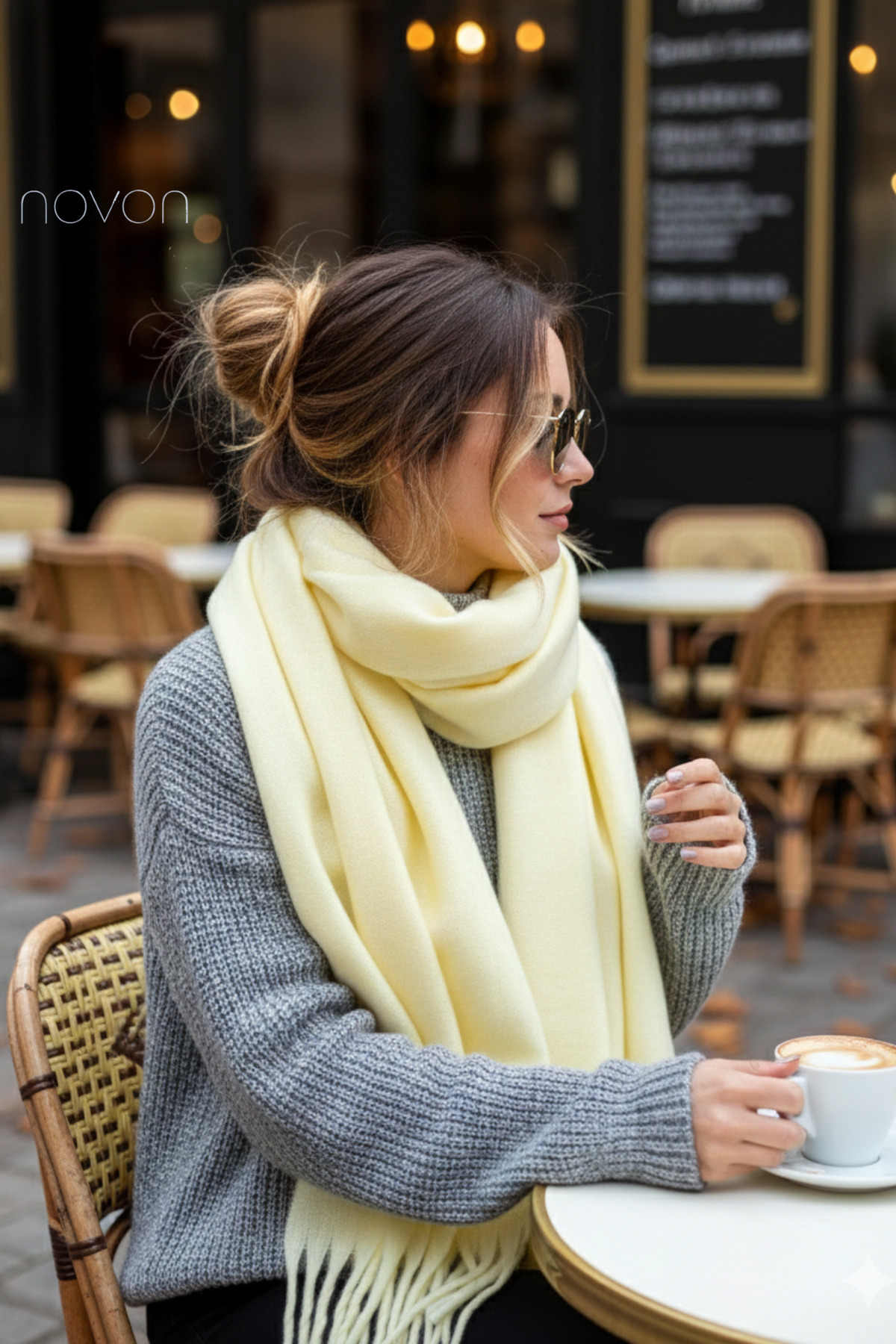 novon  Klein Soft Touch Püskül Detaylı Yün Dokulu Premium Saçaklı Puffy Atkı (195 x 45 cm) - Görsel 2