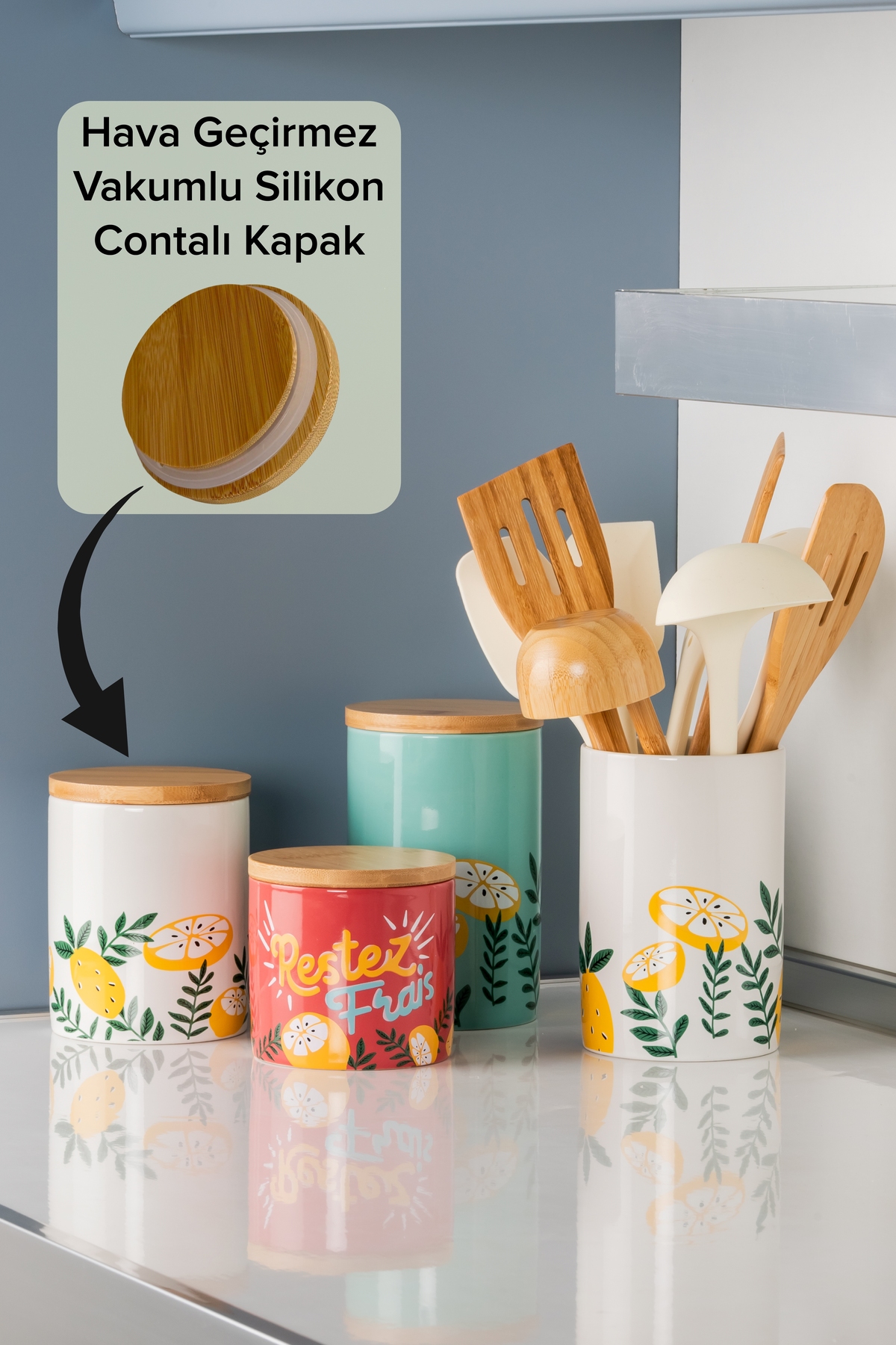 color house 4'lü Limon Desenli Seramik Kavanoz Set Şekerlik Çay